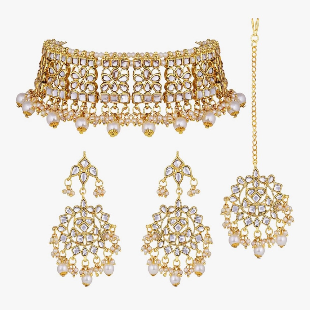 Elegant Gold and White Choker Necklace with Earrings and Tikka Set